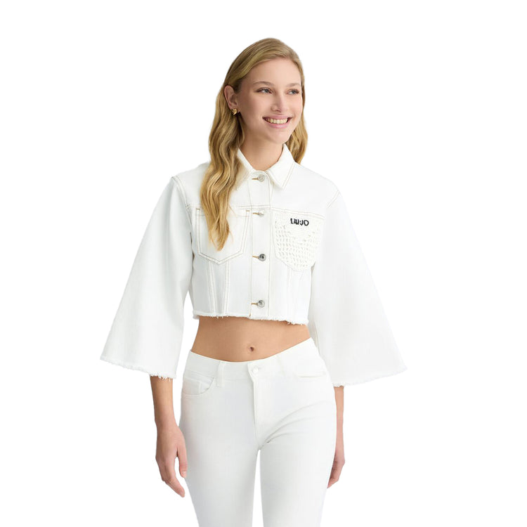 Giacca Donna cropped bianca con ricami modella frontale