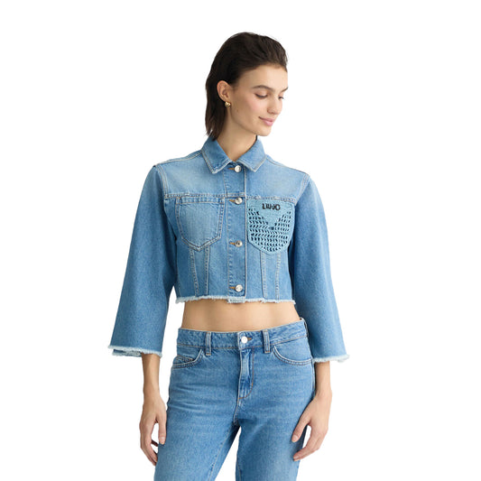 Giacca Donna cropped in denim con ricami modella frontale