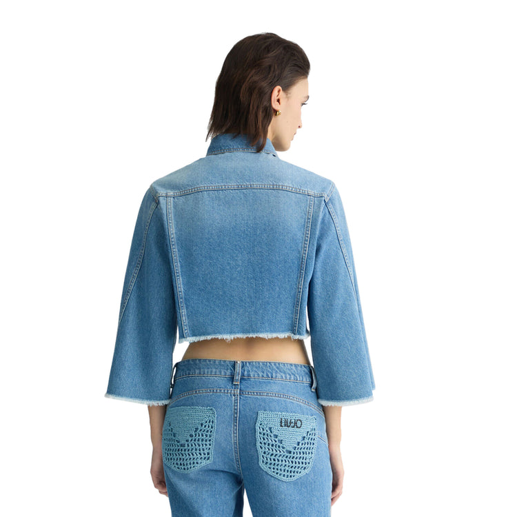 Giacca Donna cropped in denim con ricami modella retro
