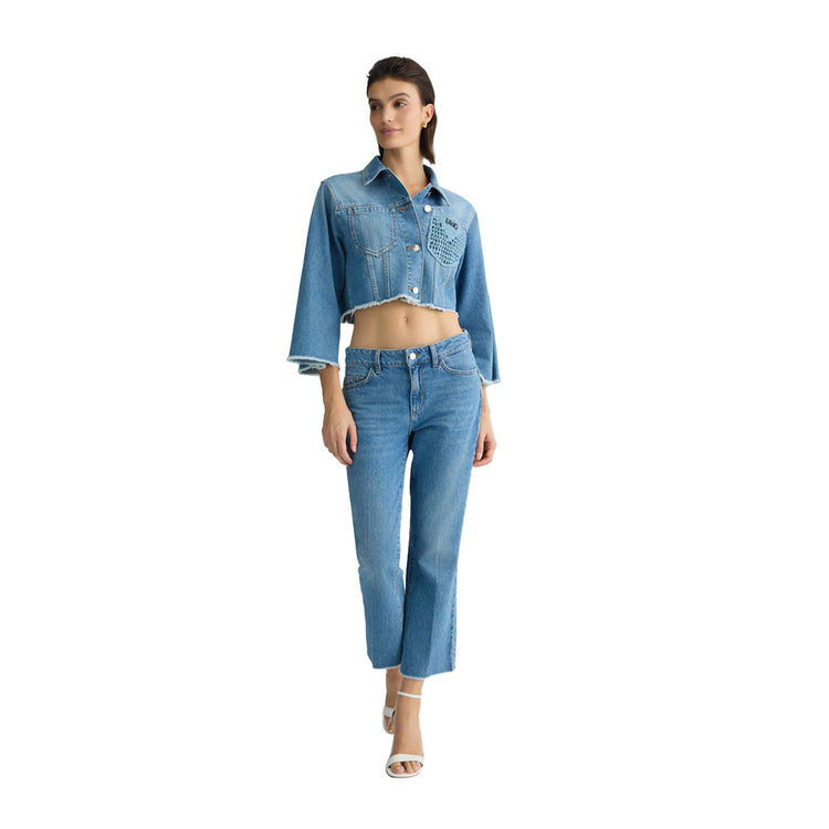 Giacca Donna cropped in denim con ricami modella intera frontale