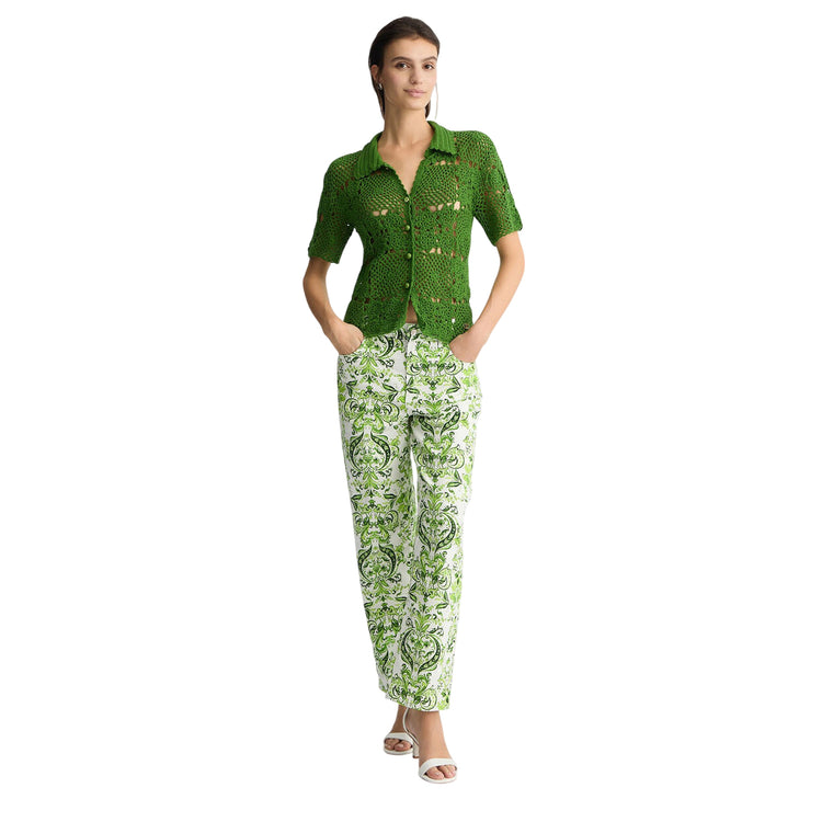 Pantaloni Donna in cotone stampato verde modella intera frontale