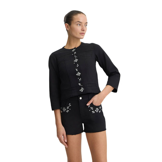 Giacca Nera Donna con dettaglio strass modella frontale