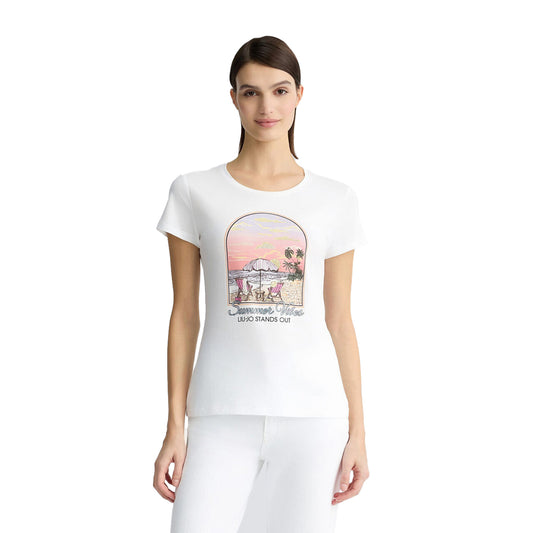 T-shirt Donna in cotone con stampa frontale modella frontale