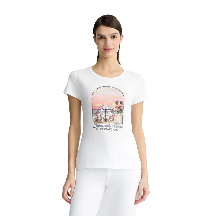T-shirt Donna in cotone con stampa frontale modella frontale