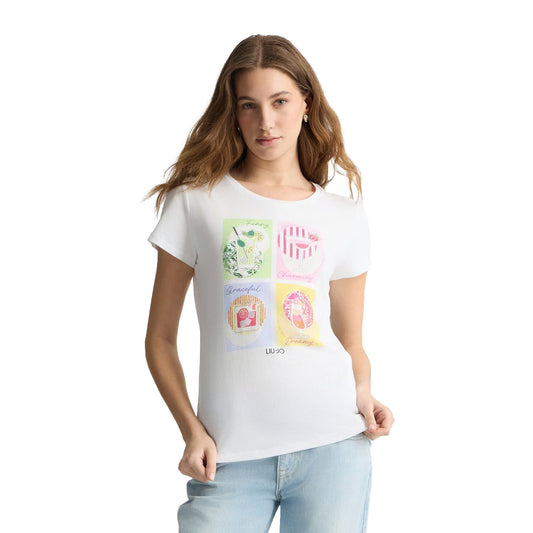 T-shirt Donna in cotone con stampa cocktail modella frontale