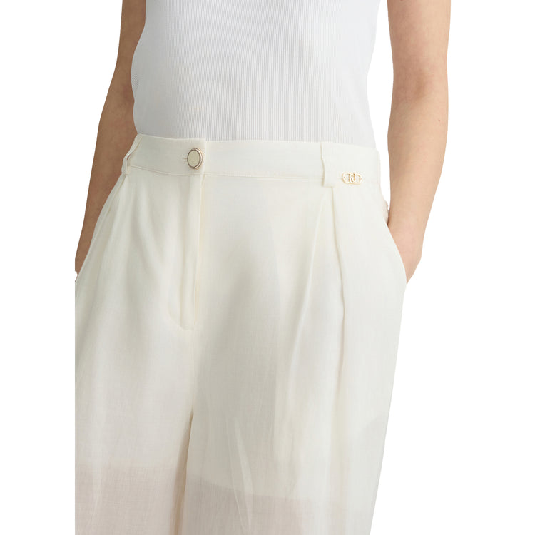 Pantaloni Donna a palazzo in ramiè bianco dettaglio
