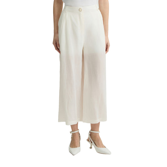 Pantaloni Donna a palazzo in ramiè bianco modella frontale