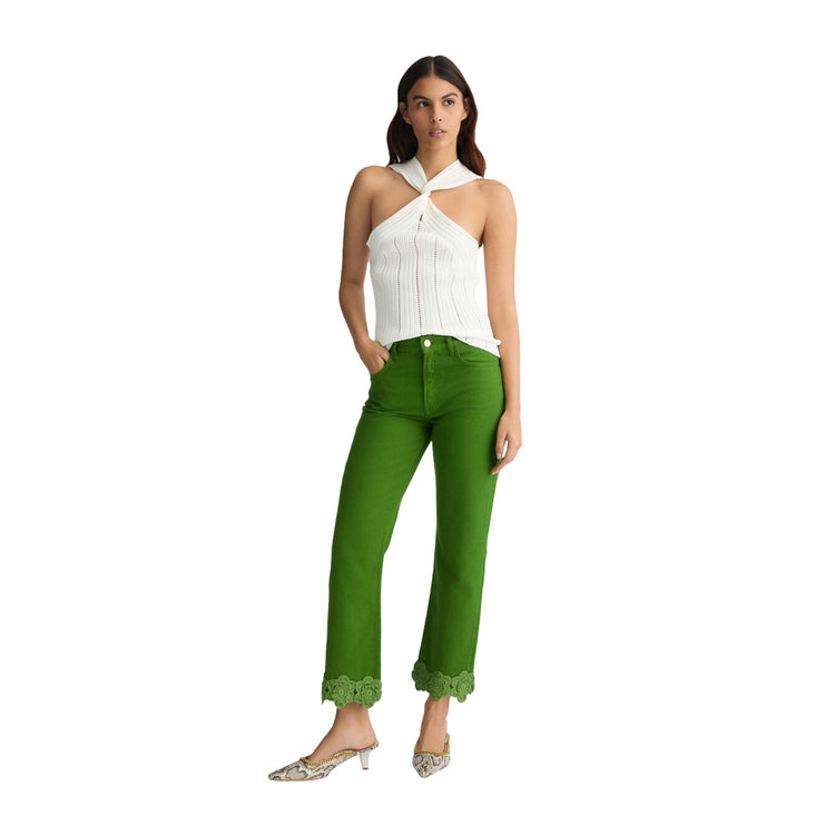 Jeans straight Verde Donna dettaglio ricamato modella intera frontale