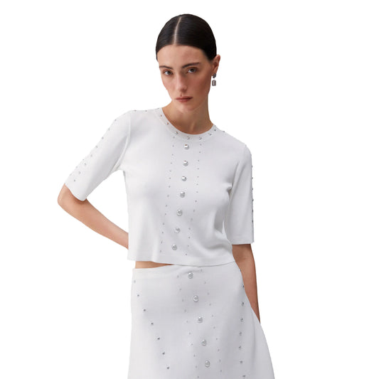 Maglia Donna a manica corta con borchie Bianco modella frontale