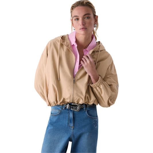 Bomber Donna in nylon con cappuccio Beige modella frontale