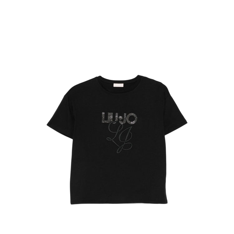 T-shirt Donna in cotone nero con logo strass