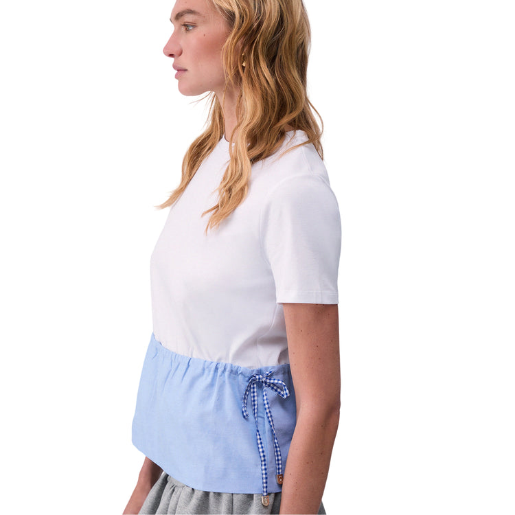 T-shirt Donna con inserto Oxford e coulisse modella laterale