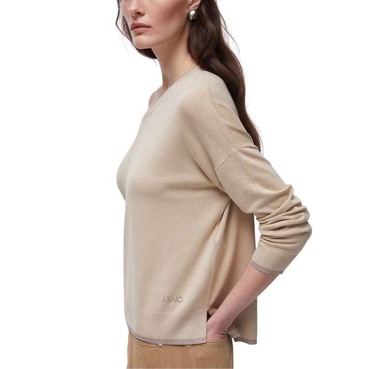 Maglia Donna in interventi in lurex Beige modella laterale