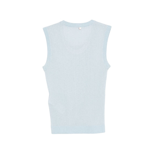 Maglia Donna Celeste, lavorata a coste, con scollo tondo