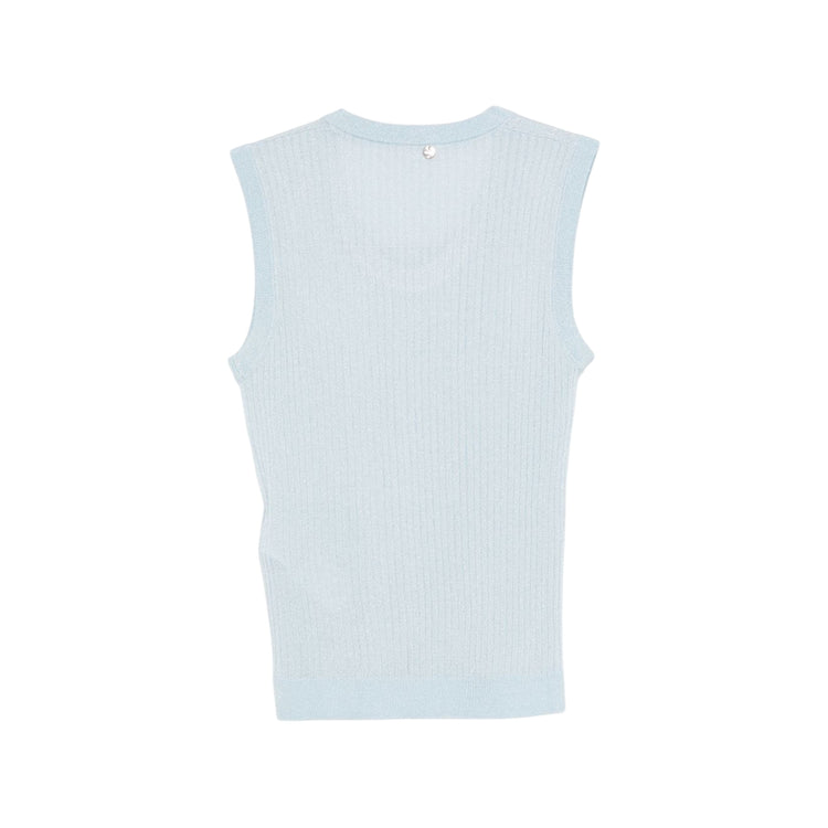 Maglia Donna Celeste, lavorata a coste, con scollo tondo