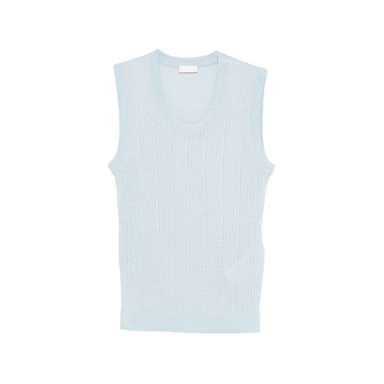 Maglia Donna Celeste, lavorata a coste, con scollo tondo