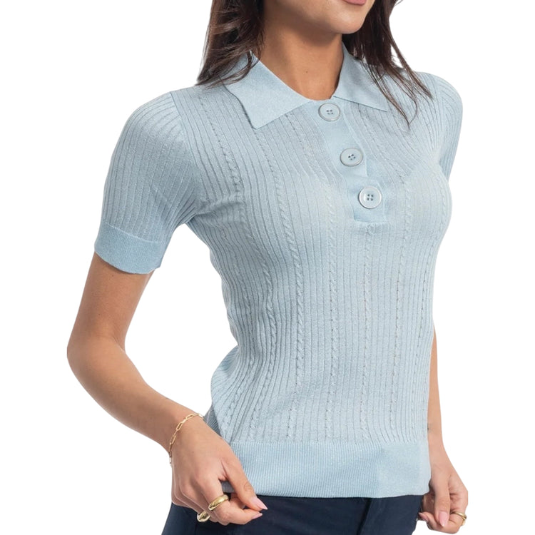 Maglia Donna Celeste, con rifiniture in lurex, a polo