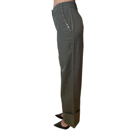 Pantalone wide leg verde oliva con pizzo e strass