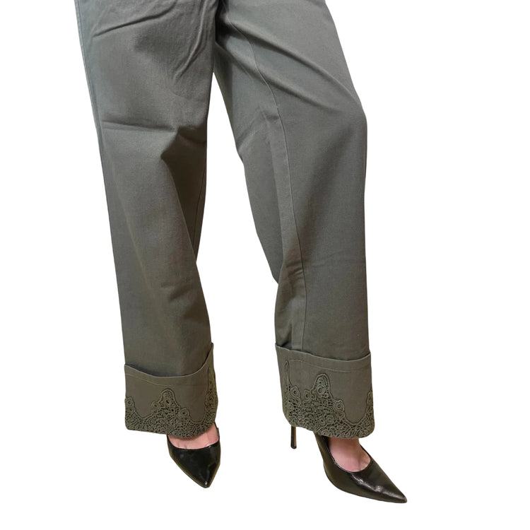 Pantalone wide leg verde oliva con pizzo e strass