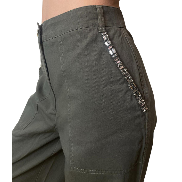 Pantalone wide leg verde oliva con pizzo e strass