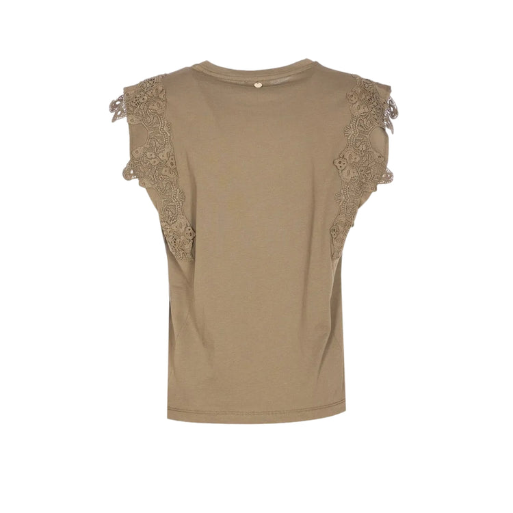 T-shirt verde oliva con pizzo e strass sulle maniche