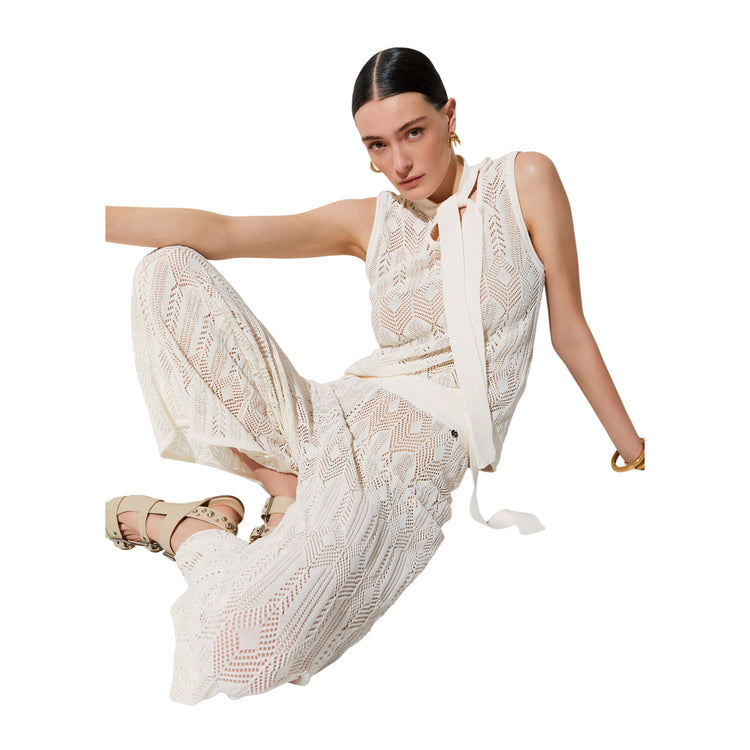 Top panna in maglia con fiocco