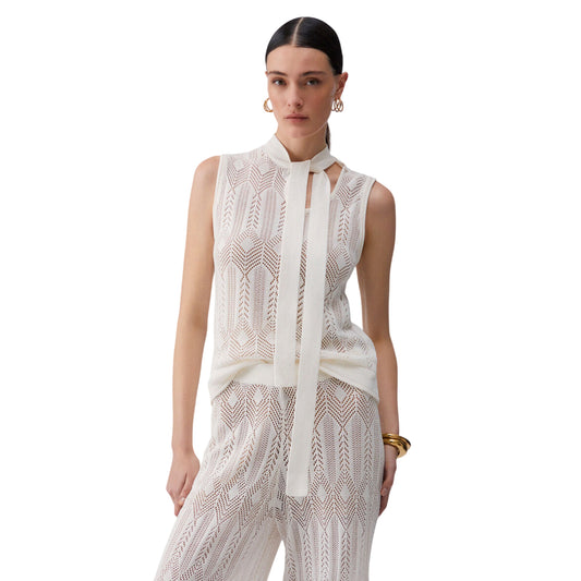 Top panna in maglia con fiocco