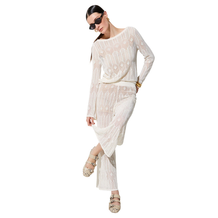 Pantaloni bianchi lunghi in maglia traforata