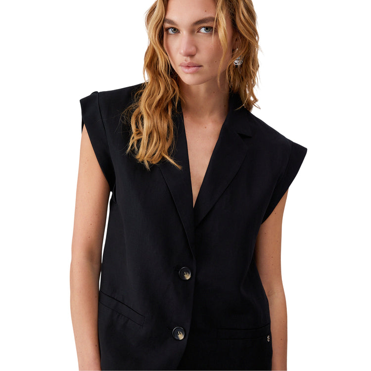 Gilet Donna in misto lino nero modella frontale ravvicinata