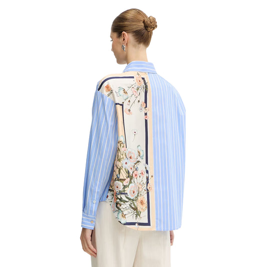 Camicia da donna celeste a righe con stampa