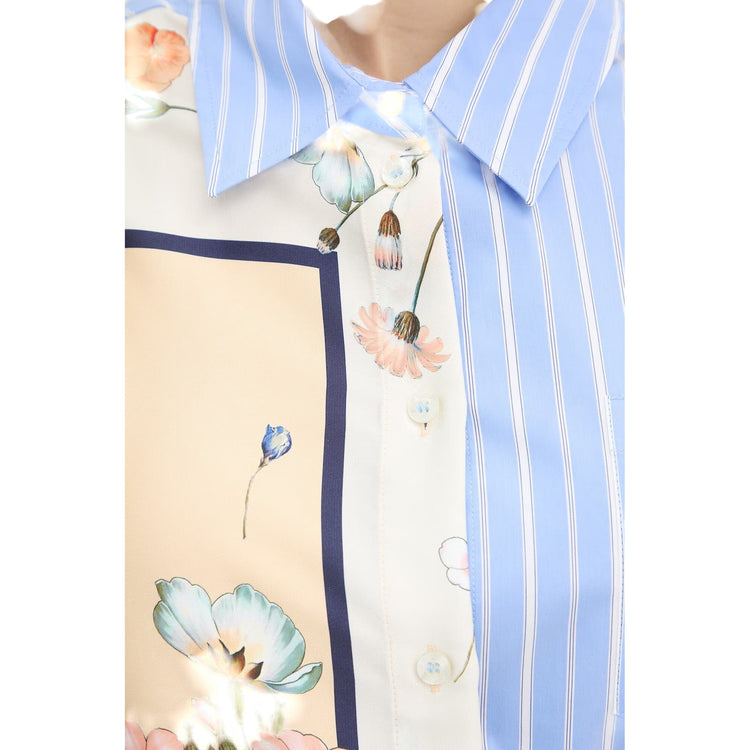 Camicia da donna celeste a righe con stampa