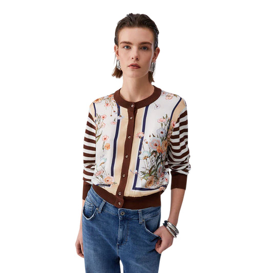 Cardigan a righe marrone con stampa floreale