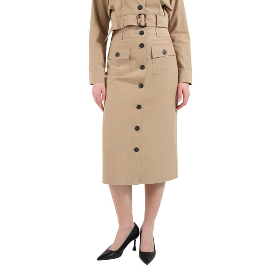 Gonna midi beige con bottoni e tasche