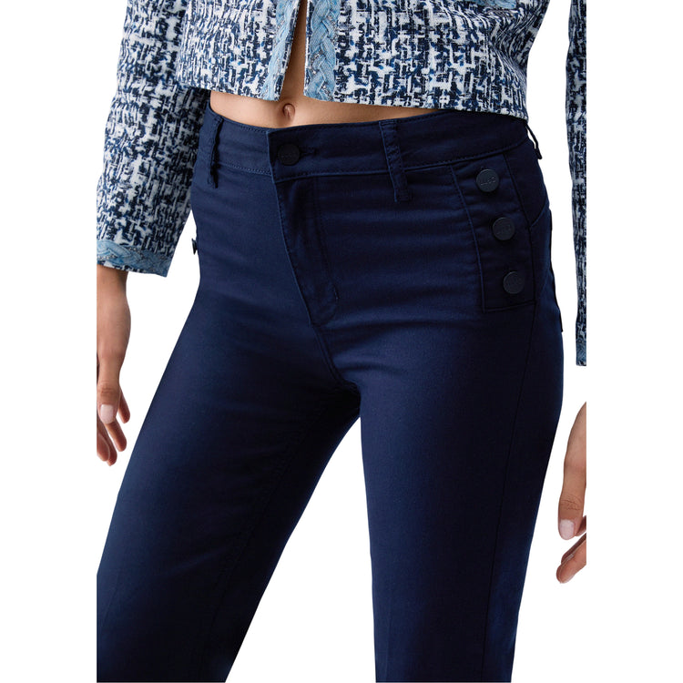 Pantalone di cotone flare con bottoni logati in blu