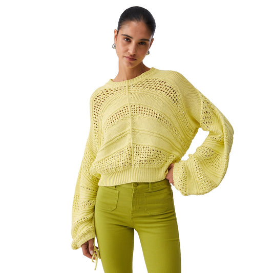 Maglia Donna in crochet traforato Giallo modella frontale