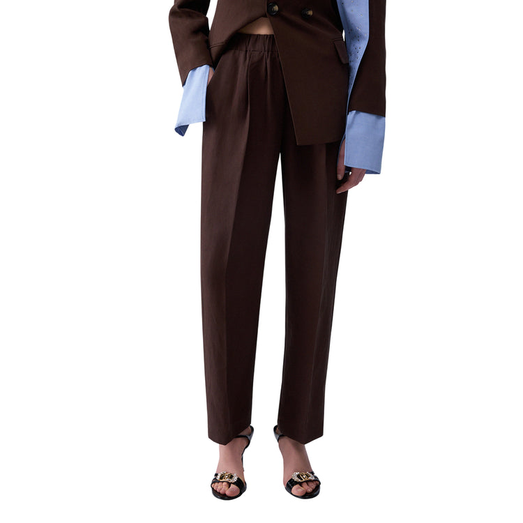 Pantalone con cinta elastica in misto lino in marrone