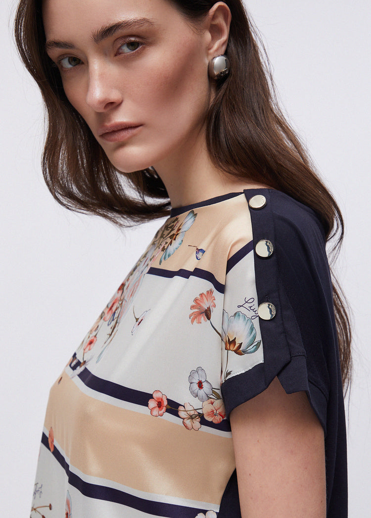 T-shirt floreale donna con inserto in twill stampato - dettaglio