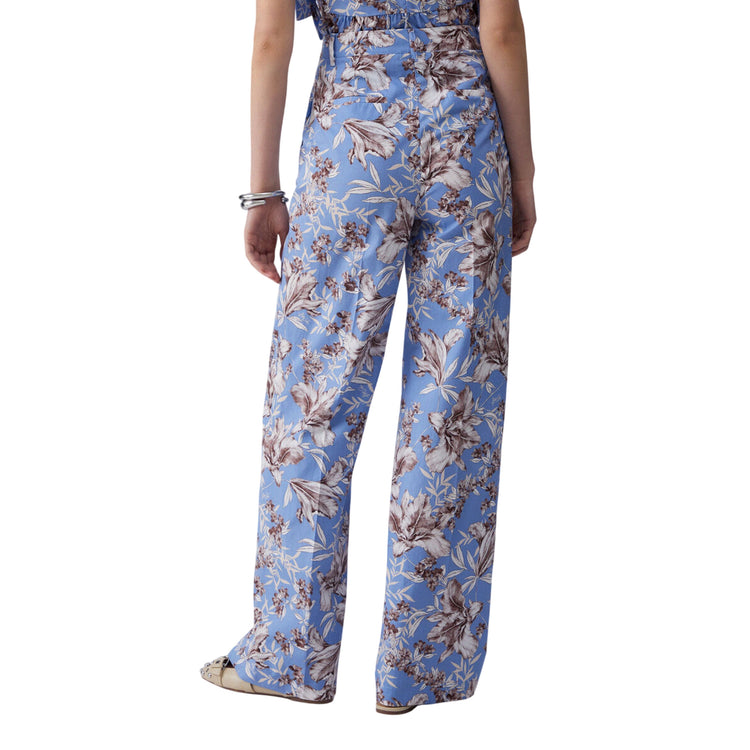 Pantaloni a palazzo azzurri con stampa a fiori in popeline