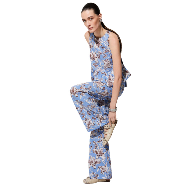 Pantaloni a palazzo azzurri con stampa a fiori in popeline