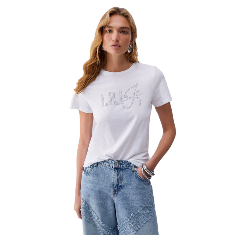 T-shirt Donna con logo con strass e perline modella frontale