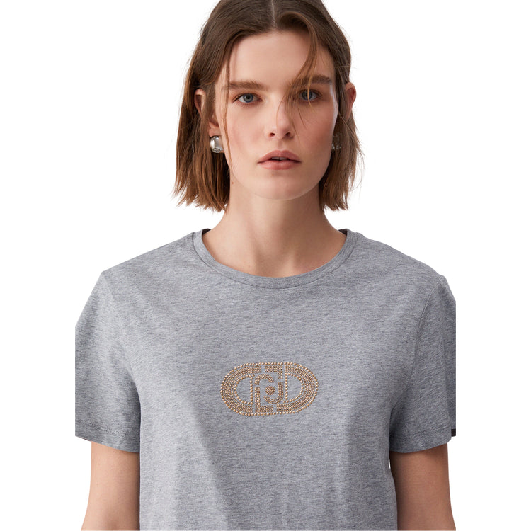 T-shirt da donna di cotone con applicazioni strass in grigio