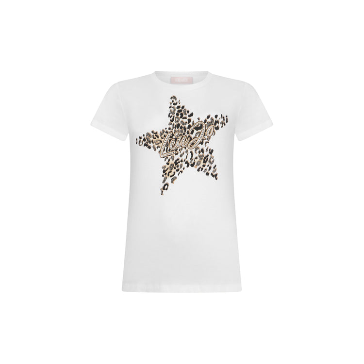 T-shirt donna con stampa stella e strass bianca