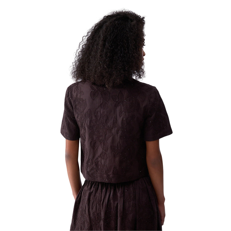 Camicia a maniche corte con ricami e paillettes in marrone