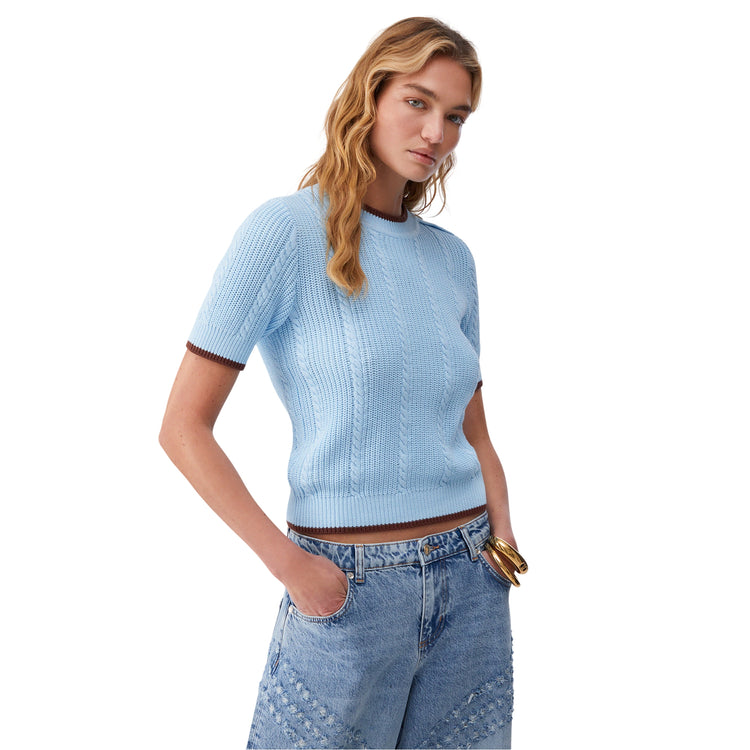 Maglia Donna a mezza manica a trecce Celeste modella frontale