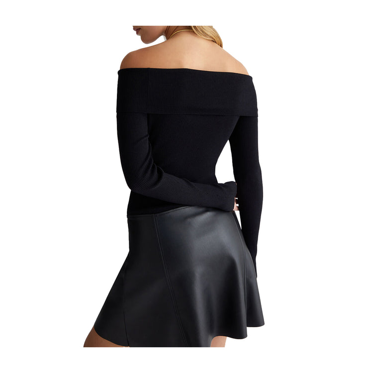 Abito Donna con gonna tessuto spalmato nero modella retro ravvicinata