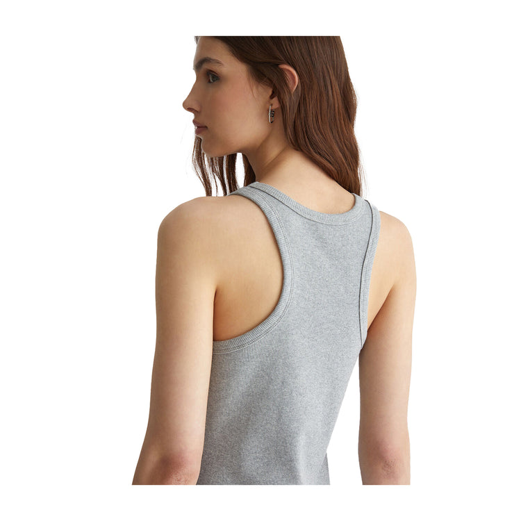 Top Donna a costine con logo Grigio retro modella ravvicinato