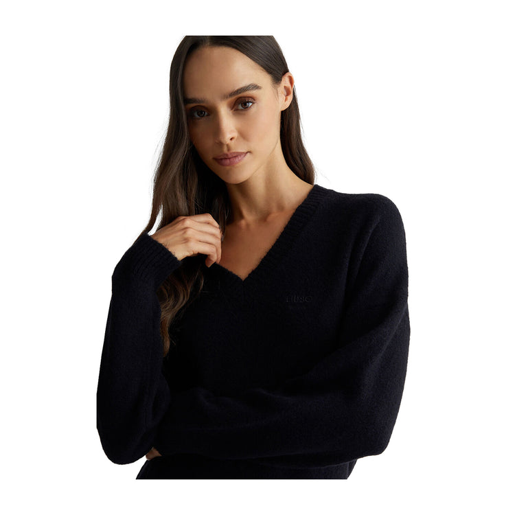 Abito Corto Donna in maglia misto lana Nero modella frontale ravvicinata