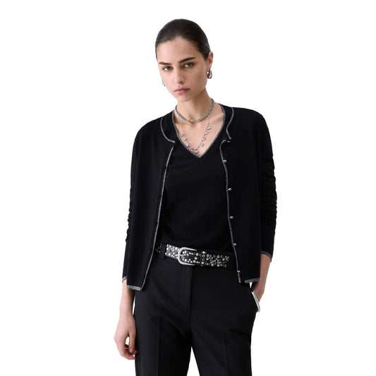 Cardigan Donna con profili in lurex modella frontale