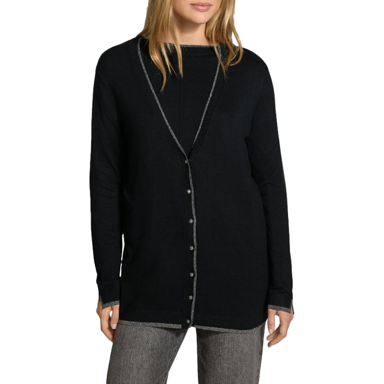 Cardigan Donna con profili lurex Nero modella frontale