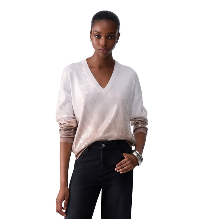 Maglia Donna con paillettes degradé beige modella frontale